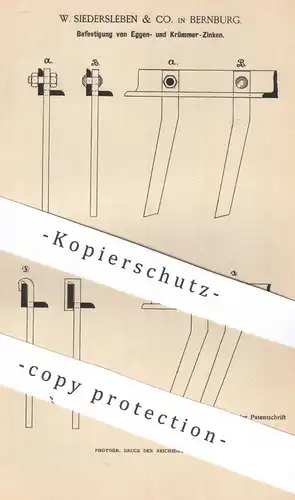 original Patent - W. Siedersleben & Co. , Bernburg , 1887 , Befestigung von Zinken an Egge u. Krümmer | Pflug | Landwirt