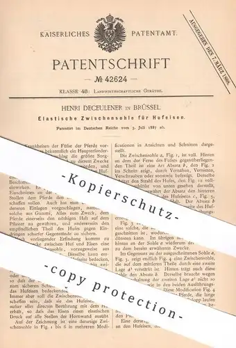 original Patent - Henri Deceulener , Brüssel , Belgien , 1887 , Elastische Sohle für Hufeisen | Huf , Eisen , Pferde