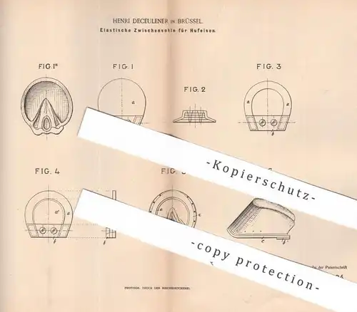 original Patent - Henri Deceulener , Brüssel , Belgien , 1887 , Elastische Sohle für Hufeisen | Huf , Eisen , Pferde