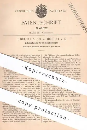 original Patent - H. Breuer & Co. , Höchst / Main , 1887 , Hochdruckleitung - Sicherheitsventil | Ventil | Wasserleitung