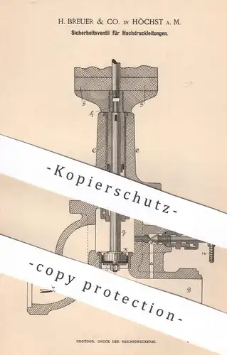 original Patent - H. Breuer & Co. , Höchst / Main , 1887 , Hochdruckleitung - Sicherheitsventil | Ventil | Wasserleitung