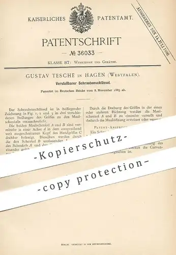 original Patent - Gustav Tesche , Hagen , Westfalen , 1885 , Verstellbarer Schraubenschlüssel | Werkzeug , Maulschlüssel