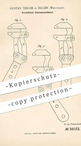 original Patent - Gustav Tesche , Hagen , Westfalen , 1885 , Verstellbarer Schraubenschlüssel | Werkzeug , Maulschlüssel