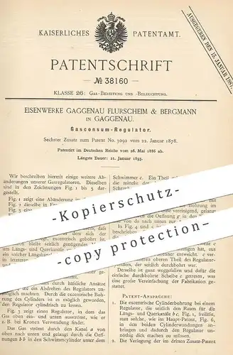 original Patent - Eisenwerke Gaggenau Flurscheim & Bergmann | 1886 , Gaskonsum - Regulatur | Gaszähler , Gaswerk , Gas !