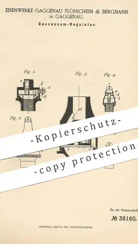 original Patent - Eisenwerke Gaggenau Flurscheim & Bergmann | 1886 , Gaskonsum - Regulatur | Gaszähler , Gaswerk , Gas !