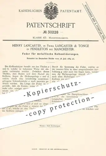 original Patent - Henry Lancaster | Lancaster & Tonge | Pendleton | Manchester | 1884 | Feder f. Metall - Kolbenliderung