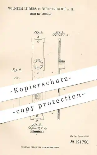original Patent - Wilhelm Lüders , Wernigerode / Harz , 1900 , Schild für Schlösser | Türschloss - Beschlag | Schlosser