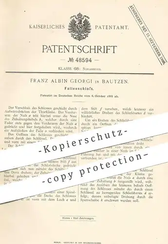 original Patent - Franz Albin Georgi , Bautzen , 1888 , Fallenschloss | Schloss , Türschloss | Schlosser !!!