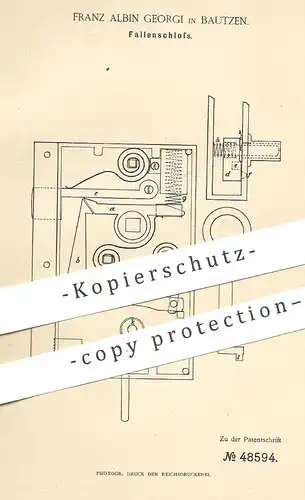 original Patent - Franz Albin Georgi , Bautzen , 1888 , Fallenschloss | Schloss , Türschloss | Schlosser !!!