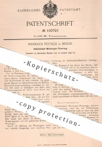 original Patent - Hermann Peitsch , Berlin , 1897 , Kohlenstaub Wassergas - Feuerung | Gas , Ofen , Ofenbau , Brennstoff
