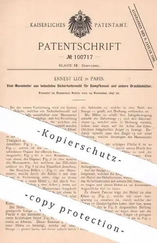 original Patent - Ernest Lizé , Paris , Frankreich , 1897 , Ventil für Dampfkessel | Kessel | Wasserkessel | Manometer