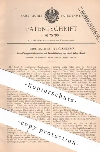 original Patent - Herm. Hartung , Düsseldorf | 1893 | Zentrifugalpendel - Regulator | Kraftmaschine , Motor , Motoren