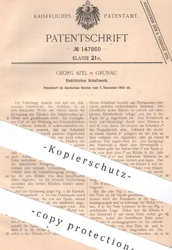 original Patent - Georg Apel , Grünau , 1902 , Elektrisches Schaltwerk | Schaltung , Elektrik , Elektriker , Strom
