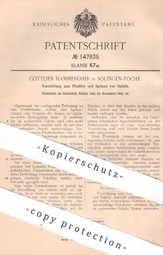 original Patent - Gottlieb Hammesfahr , Solingen Foche , 1902 , Pließten & Spitzen von Gabeln | Gabel , Zinken , Besteck