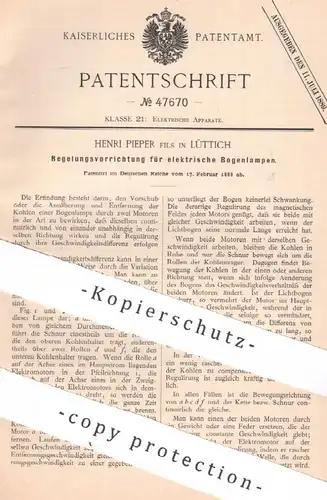 original Patent - Henri Pieper , Fils , Lüttich , 1888 , Regelung für elektrische Bogenlampe | Lampe , Motor , Motoren