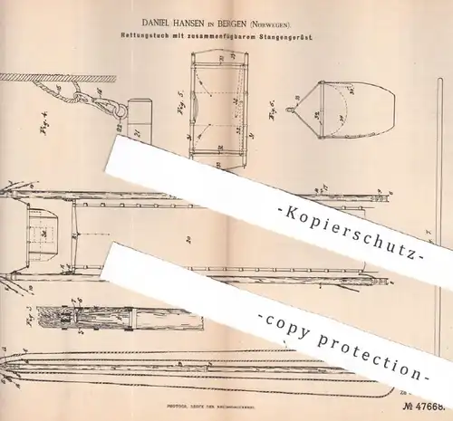 original Patent - Daniel Hansen , Bergen , Norwegen , 1888 , Rettungsgerüst mit Gerüst | Feuerwehr , Feuer - Rettung