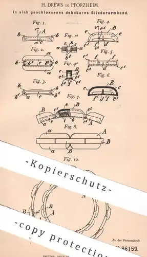 original Patent -  H. Drews , Pforzheim , 1895 , dehnbares Gliederarmband | Armband , Schmuck , Kette , Goldschmied