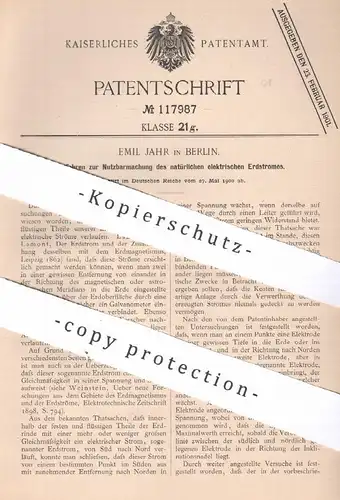 original Patent - Emil Jahr , Berlin , 1900 , Nutzbarmachung von natürlichem elektrischen Erdstrom | Strom , Elektrik !!