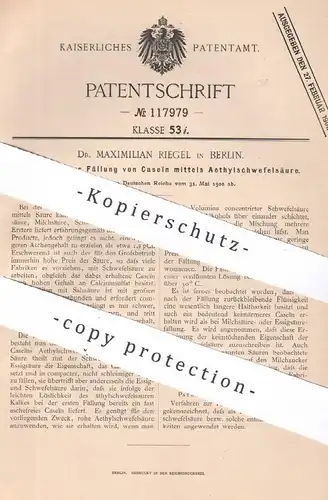 original Patent - Dr. Maximillian Riegel , Berlin , 1900 , Fällung von Caseïn mittels Aethylschwefelsäure | Chemie !!
