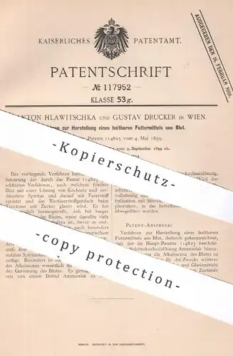 original Patent - Anton Hlawitschka , Gustav Drucker , Wien , Österreich , 1899 , haltbares Futtermittel aus Blut | Tier