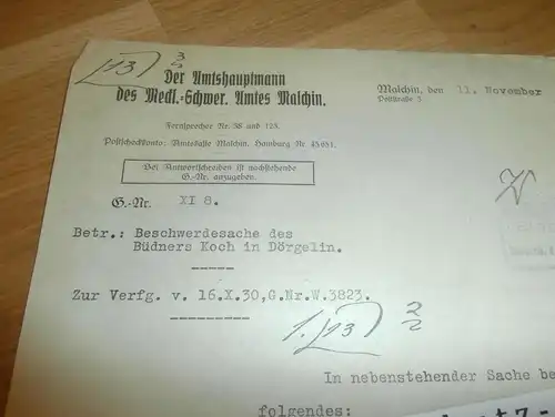 Amtshauptmann Malchin , 1930 , Beschwerde Büdner Koch in Dörgelin , Ministerium des Innern , Mecklenburg !!!