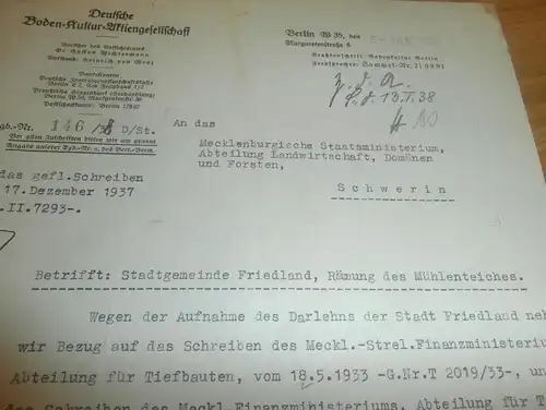 Friedland , 1938 , Deutsche Boden-Kultur AG , Ministerium des Innern , Mühlenteich , Mecklenburg !!!