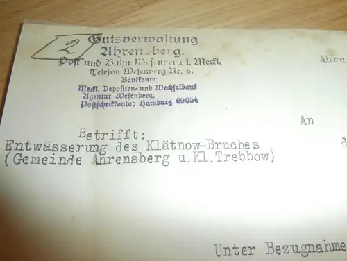 Gutsverwaltung Ahrensberg , 1934 , Klein Trebbow , Klätnow Bruch , Ministerium des Innern , Mecklenburg !!!