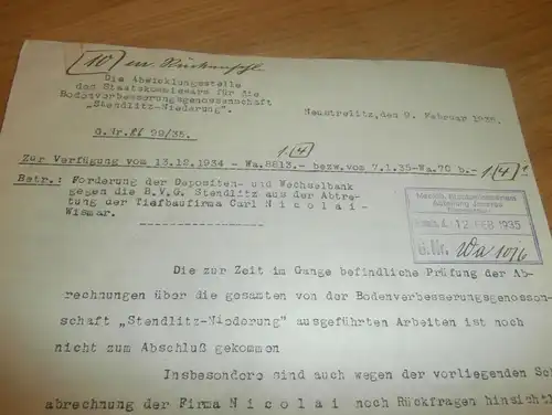 altes Dokument , 1935 , Tiefbau Nicolai in Wismar , Staatsministerium Mecklenburg !!!