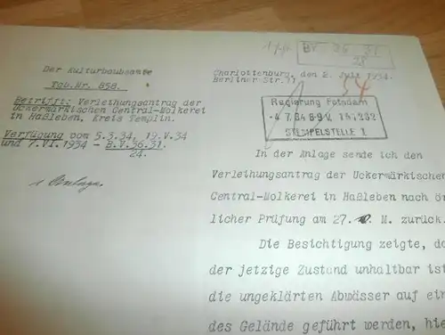Verleihung , 1934 , Zentralmolkerei W. Unger in Haßleben , Potsdam , Molkerei , Brandenburg , altes Dokument !!!