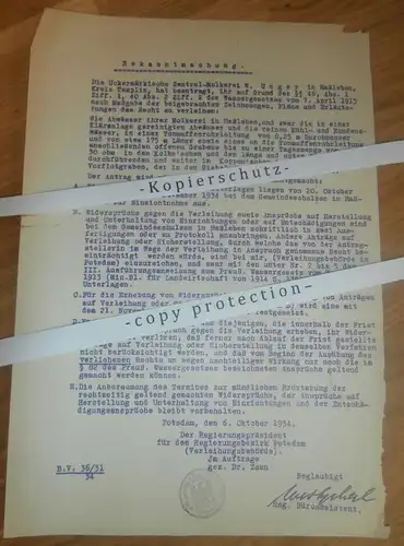 Regierung , 1934 , Zentralmolkerei W. Unger in Haßleben , Potsdam , Molkerei , Brandenburg , altes Dokument !!!