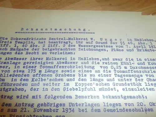 Regierung , 1934 , Zentralmolkerei W. Unger in Haßleben , Potsdam , Molkerei , Brandenburg , altes Dokument !!!