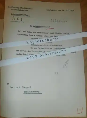 Staatsministerium , 1933 , Arbeitsdienst , Arbeitsdienst , Roga , Pleetz , Salow , Stettin  Mecklenburg , altes Dokument