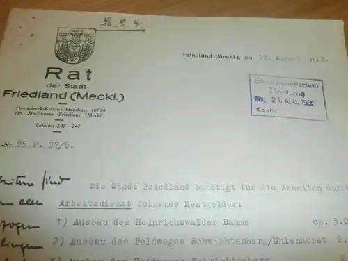 Rat der Stadt Friedland , 1933 , Arbeitsdienst , Schwichtenberg , Ministerium Neustrelitz , Mecklenburg , altes Dokument