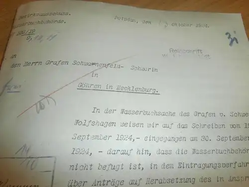 Graf Schwanenfeld-Schwerin in Göhren in Mecklenburg , 1924 , Wolfshagen , Rittergut , Wasserpolizei , altes Dokument !!!