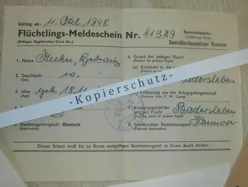 Konvolut Badersleben / Oschersleben , 1948 , Flüchtlingsschein , H. Nowitzki , Ausweis , Halberstadt !!!