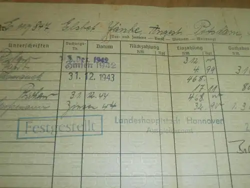 altes Sparbuch Potsdam , 1942 - 1944 , Elsbet Jänke , Sparkasse , Bank !!!