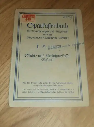 altes Sparbuch Erfurt , 1952 -1958 , Ruth Kuhlbusch , geb. Brützmann , Sparkasse , Bank !!!