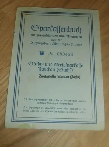 altes Sparbuch Werdau / Zwickau , 1952 -1960 , Elli Körting geb. Ritter , Sparkasse , Bank !!!