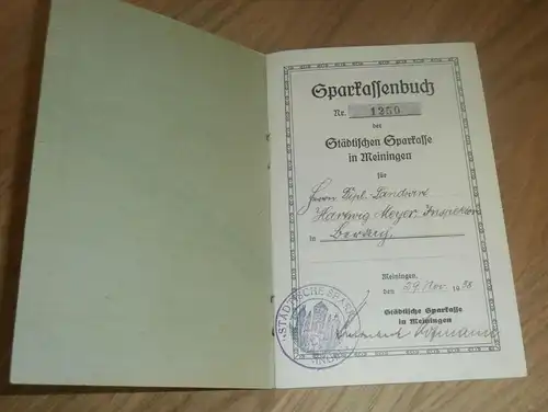 altes Sparbuch Rentwertshausen / Meiningen , 1938-1944 , Landwirt Hartwig Meyer , Inspektor , Sparkasse , Bank !!!