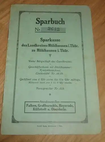 altes Sparbuch Mühlhausen i. Thüringen , 1926-1945, Rudolf Hey , Falken , Großburschla , Heyerode , Sparkasse , Bank !!!