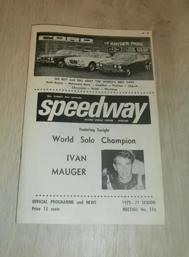 Speedway Western Springs - Auckland 1970, Ivan Mauger ,Programmheft / Programm / Rennprogramm , program !!!