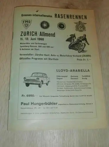 Speedway Zürich / Allmend 11.06.1960 , Grasbahnrennen , Programmheft / Programm / Rennprogramm , program !!!