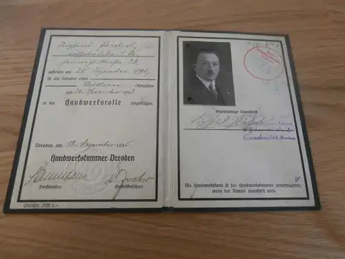 Ausweis Gau-Wirtschaftskammer Sachsen ,1933, Siegfried Prietzel in Dresden / Cossebaude , Handwerkskammer , Polstermöbel