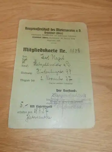 Mitgliedskarte , Ausweis , Frankfurt / Oder , 1942 - 1945 , Karl Nagel , Hindenburgstraße , Wohnung , Miete !!!