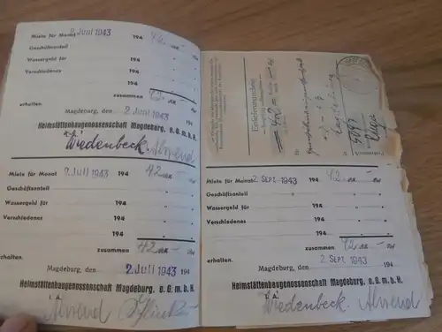 Mietenquittungsbuch Heimstättenbaugenossenschaft , 1942 - 1945 , Ernst Hoyer , Wohnung , Miete !!!