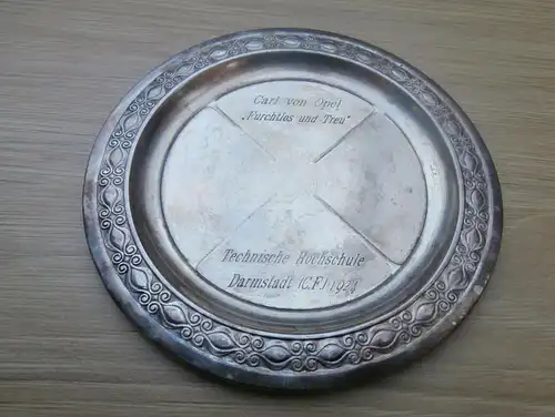 alter Silberteller - Carl von Opel - Technische Hochschule Darmstadt 1912 - Furchtlos und Treu !!!