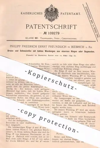 original Patent - Philipp Friedrich Ernst Freundlich , Biebrich a. Rh. , 1899 , Brennofen , Schmelzofen | Ofen , Ton !!