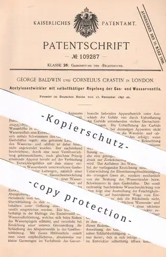 original Patent - George Baldwin , Cornelius Crastin , London England , 1897 , Acetylenentwickler | Gas | Ventil | Kipp