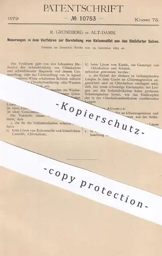 original Patent - R. Grüneberg , Alt-Damm / Stettin / Polen | 1879 | Darst. von Kaliumsulfat | Kainit | Salz | Chemie