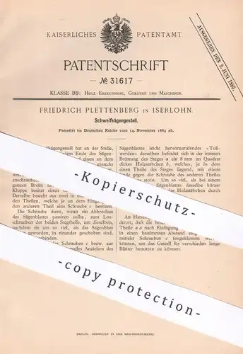 original Patent - Friedrich Plettenberg , Iserlohn 1884 | Schweifsägengestell | Säge , Sägen | Sägeblatt | Holz Tischler